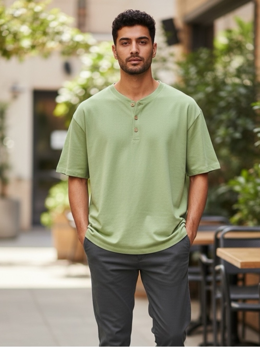 Casual Short-Sleeve Henley Polo in Lime Green by ChArmkpR XL